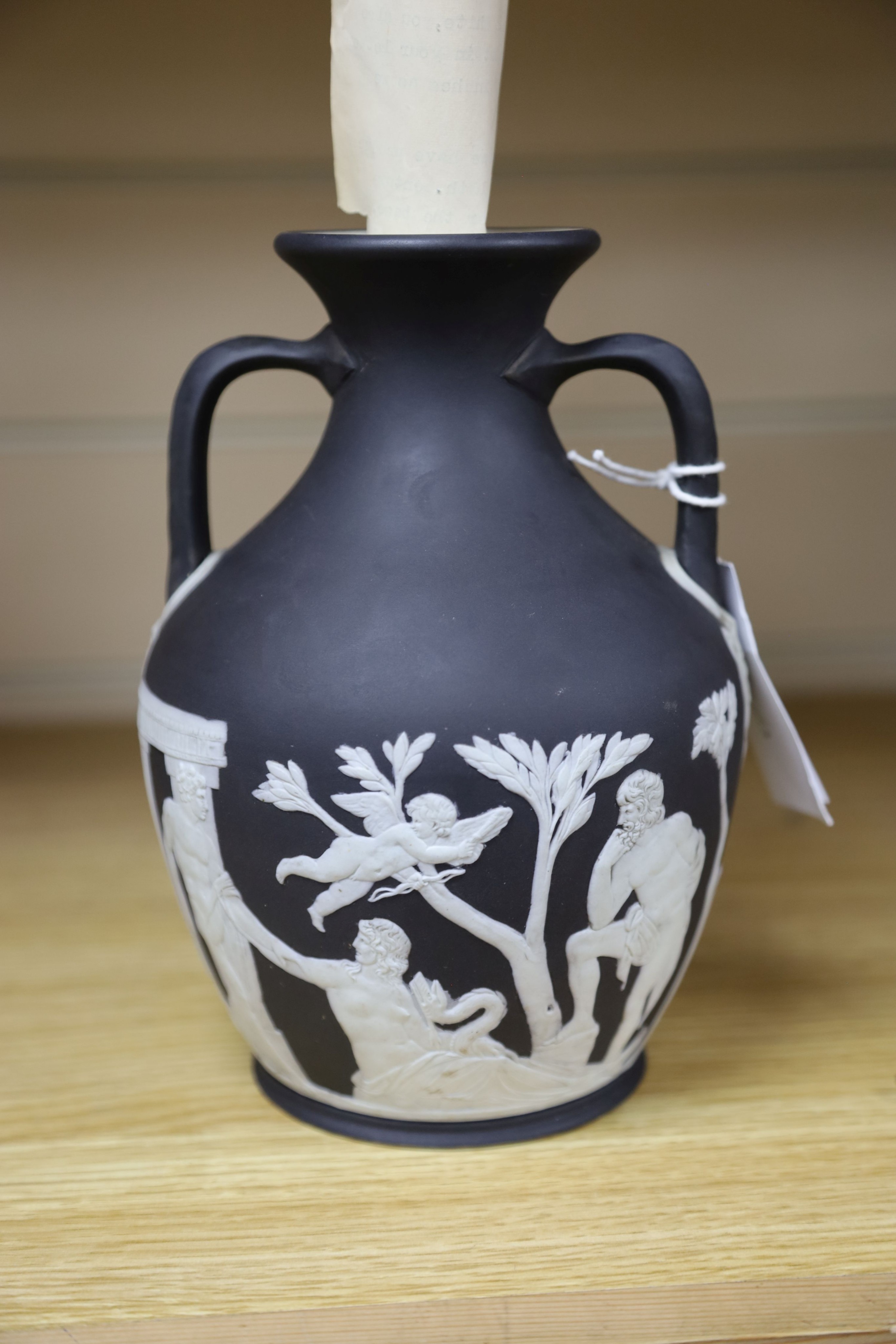 A Wedgwood black Jasper ware copy of the Portland vase, first half 19th century, 20cm